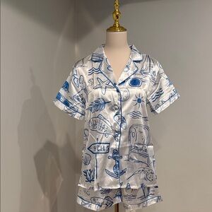 Blue and White Printed Beach Themed Pajama Set